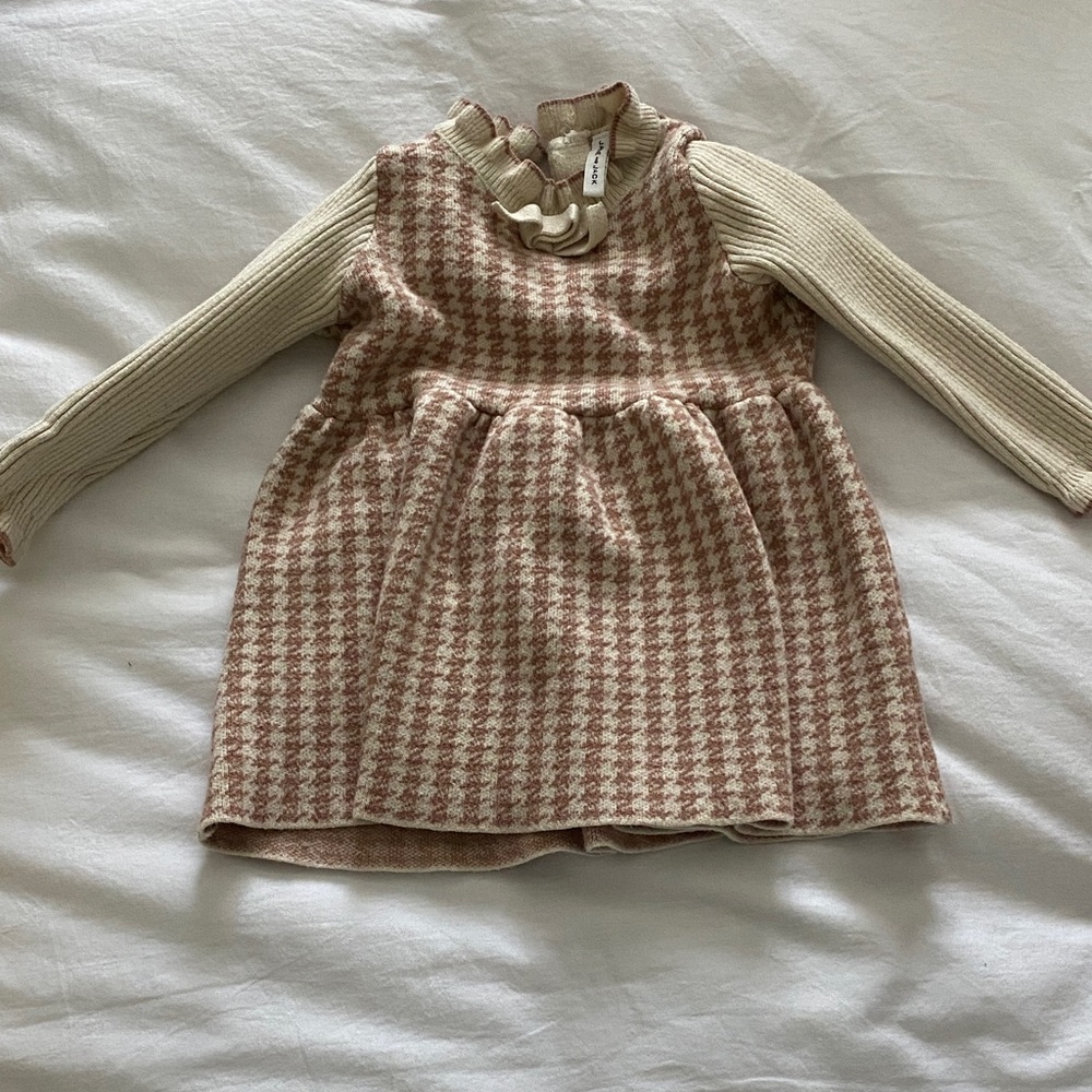 Janie and Jack Pink Houndstooth Knit Dress with Cream Top